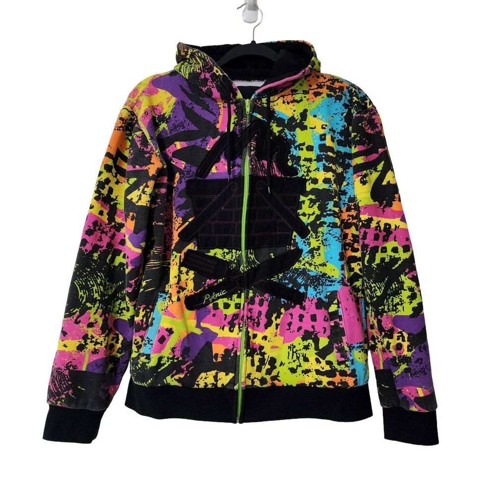 Y2K Pyknic Mens M Full Zip Hoodie Colorful Cotton Blend Fleece Sweatshirt